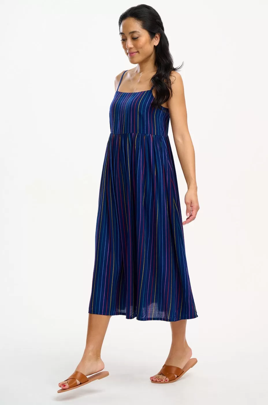 Gracie Midi Sundress - Navy, Thin Rainbow Stripe