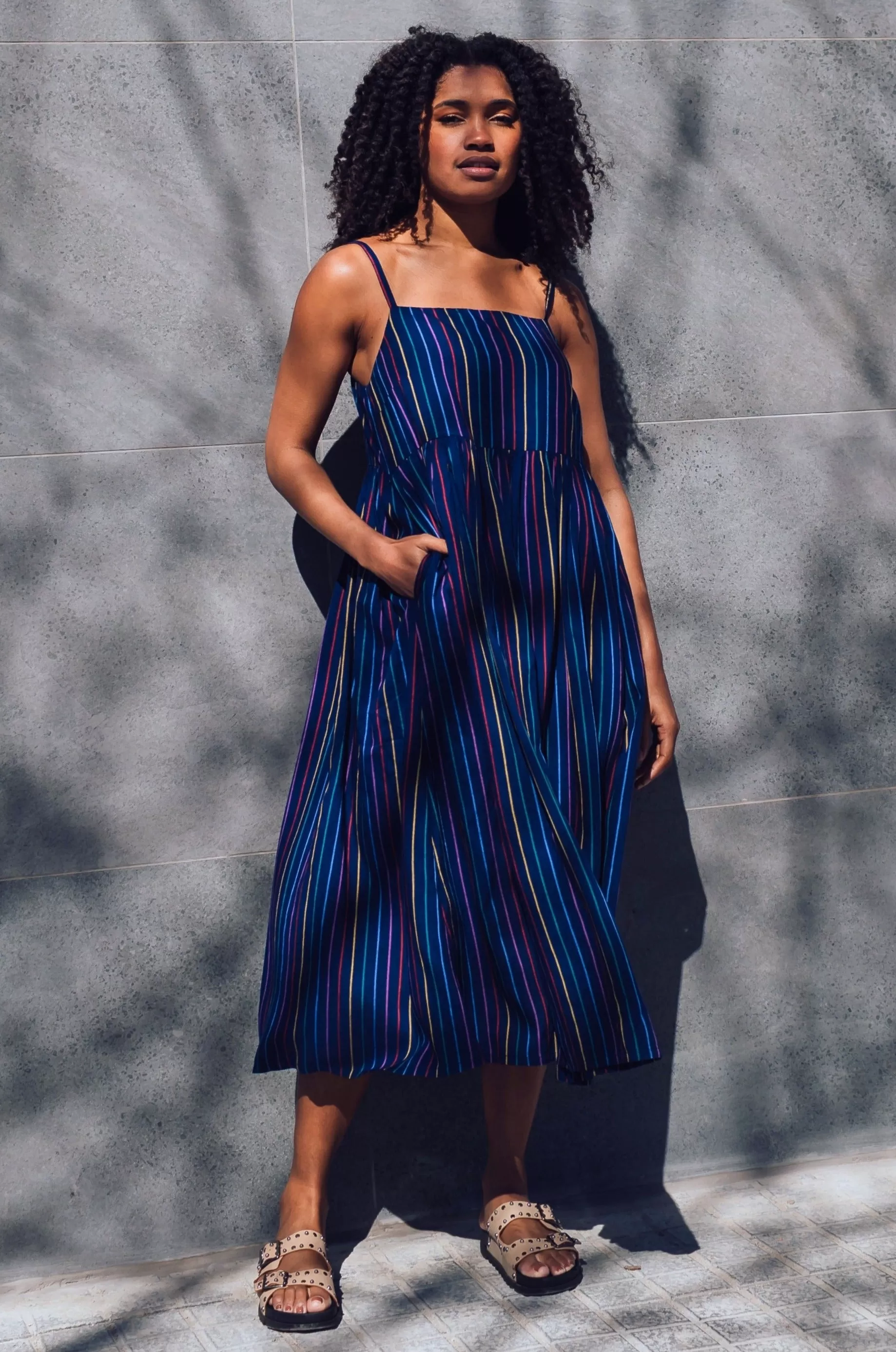 Gracie Midi Sundress - Navy, Thin Rainbow Stripe