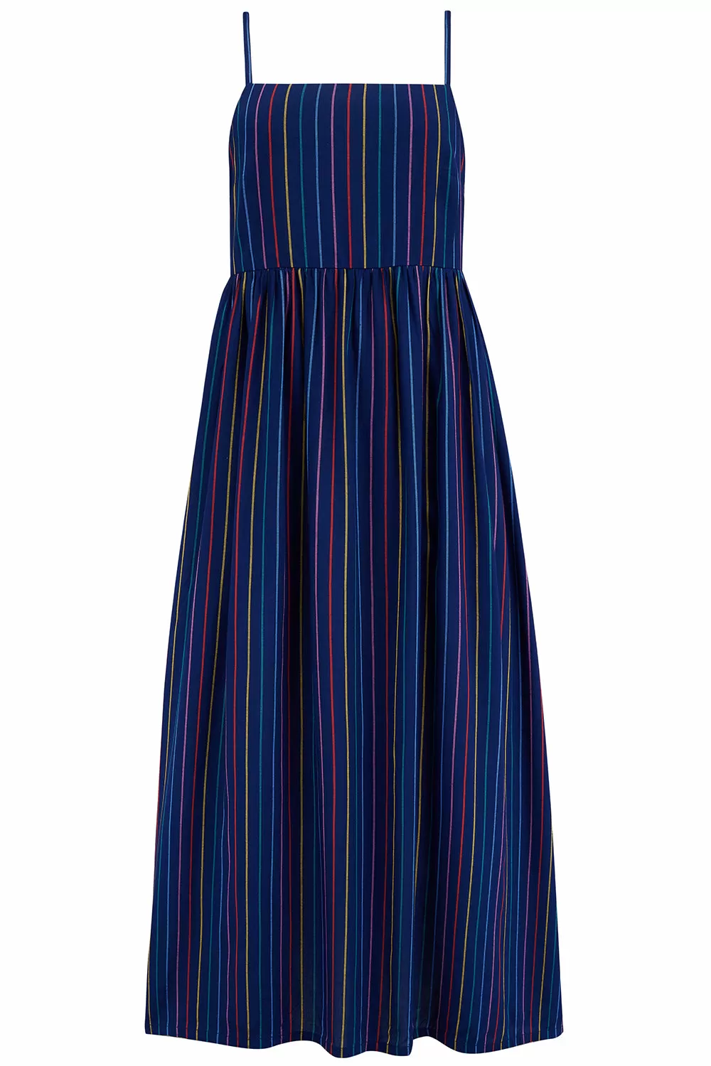 Gracie Midi Sundress - Navy, Thin Rainbow Stripe