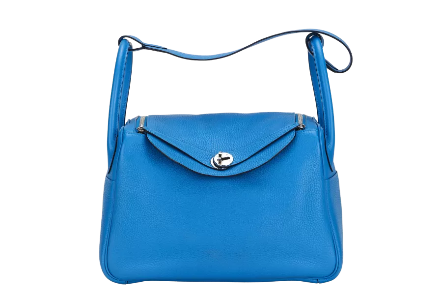 HERMES LINDY 30 (STAMP A) BLUE ZANZIBAR CLEMENCE LEATHER SILVER HARDWARE, WITH DUST COVER & BOX