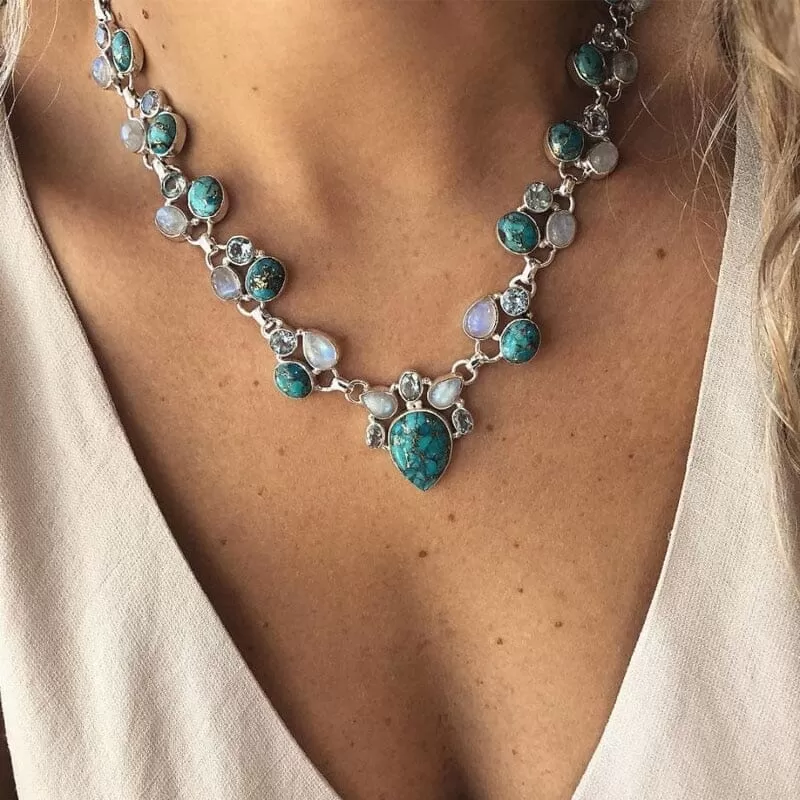 Hot Fashion Color Boho White Green Flowers Turquoise Necklace