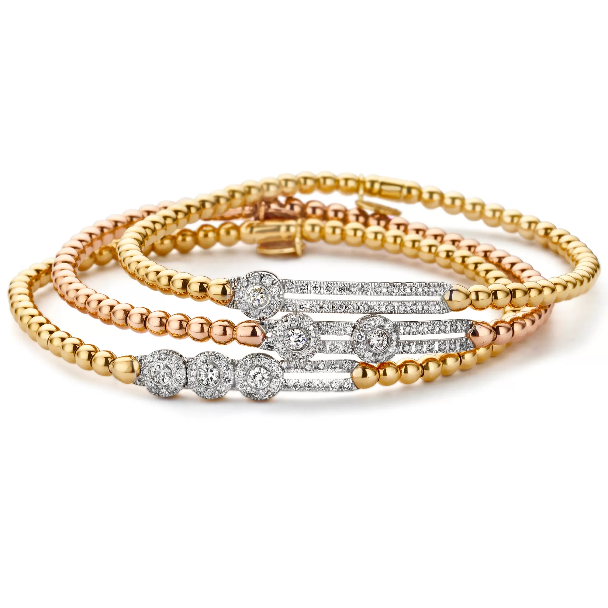 Hulchi Belluni Fidget Bracelet with Three Pave Diamond Moveable Stations Yellow Gold Stretch Stackable