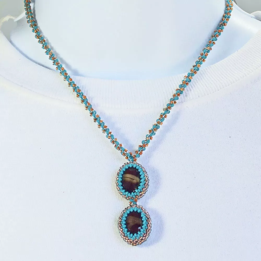 Kalid, Twin Beaded Bezel Cabochon Pendant, Necklace