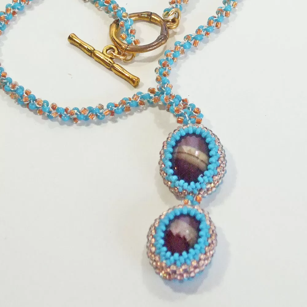 Kalid, Twin Beaded Bezel Cabochon Pendant, Necklace