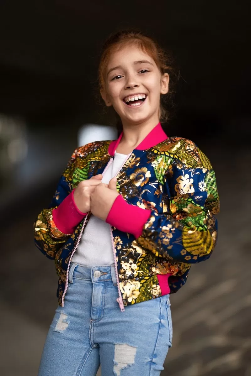 Kids African Bomber Jacket In Metallic Gold Blue