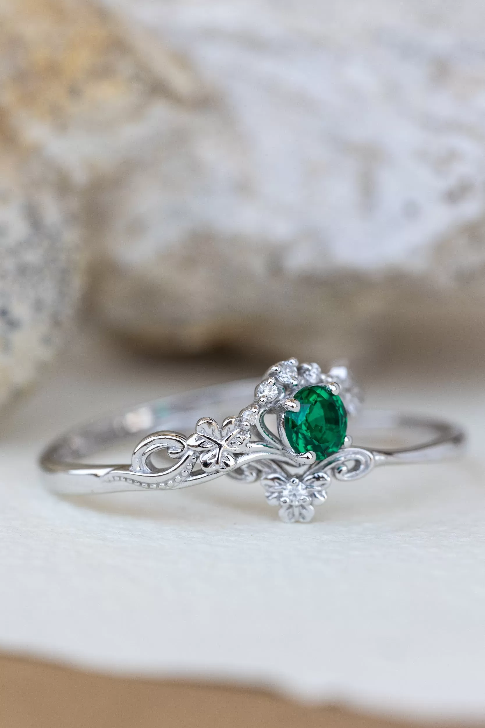 Lab created emerald engagement ring, celtic proposal ring with diamonds / Horta