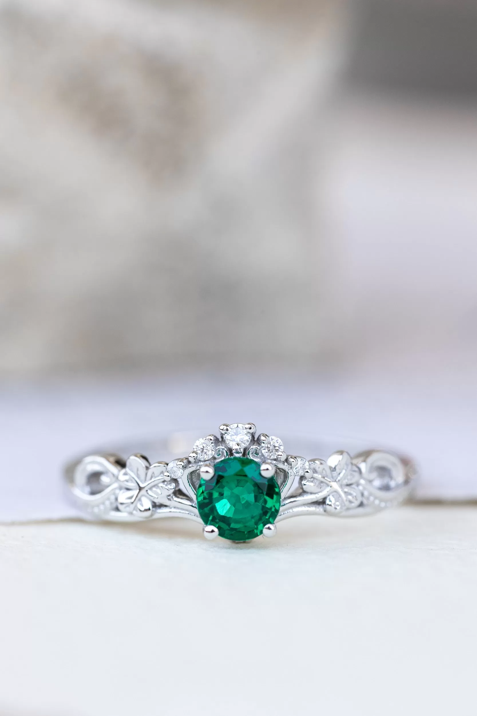 Lab created emerald engagement ring, celtic proposal ring with diamonds / Horta