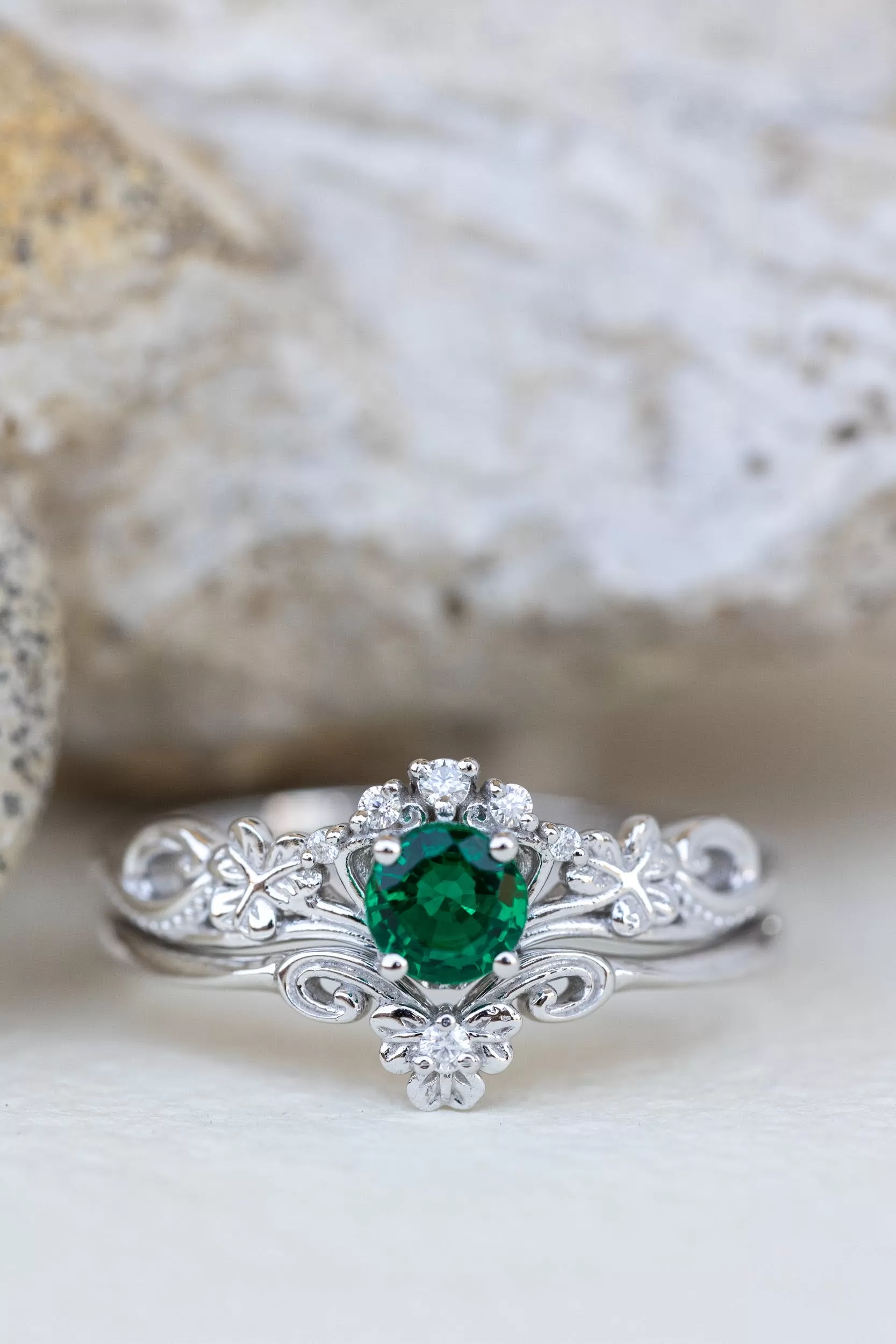 Lab created emerald engagement ring, celtic proposal ring with diamonds / Horta