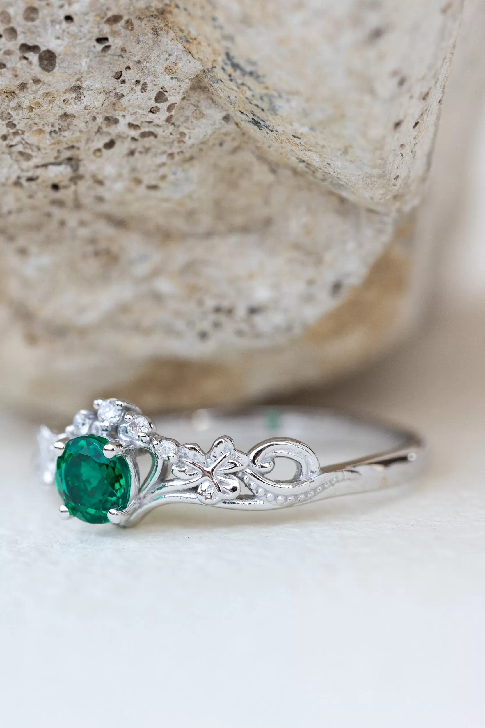 Lab created emerald engagement ring, celtic proposal ring with diamonds / Horta