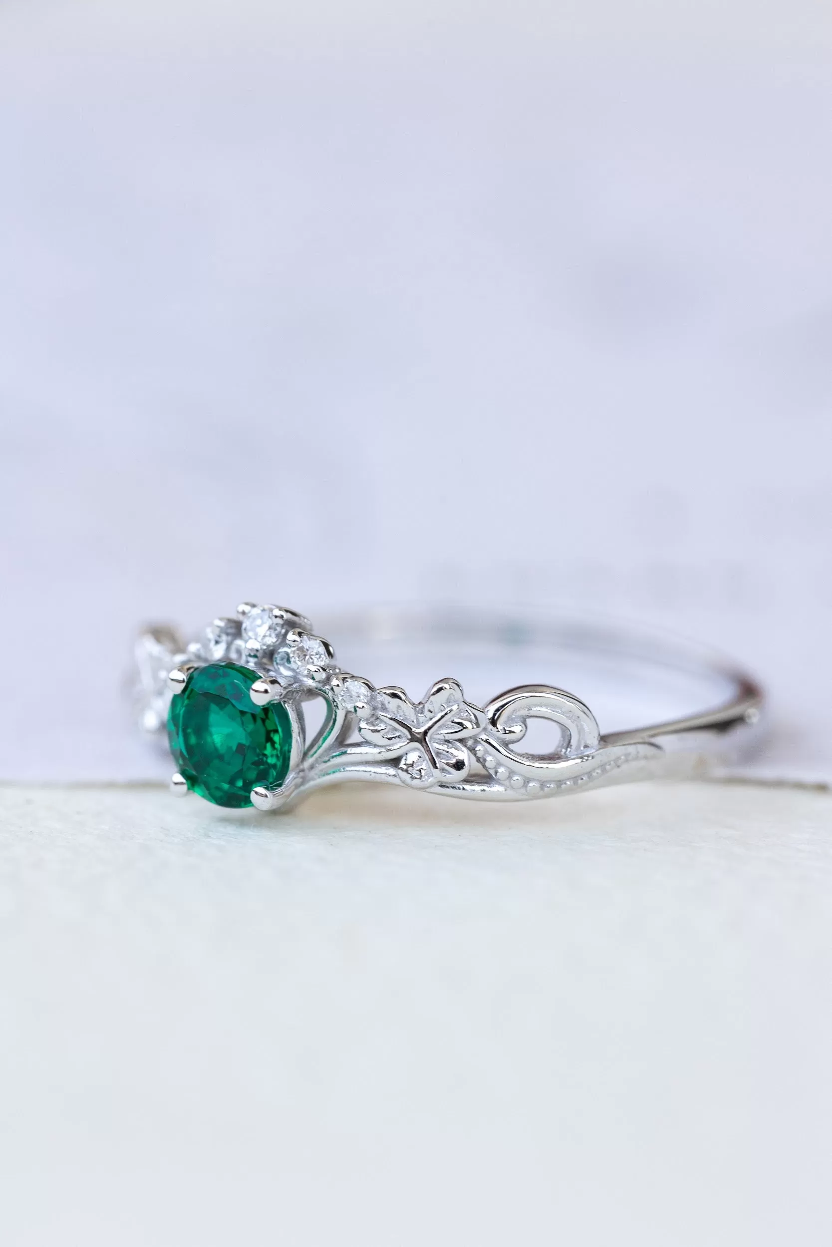 Lab created emerald engagement ring, celtic proposal ring with diamonds / Horta