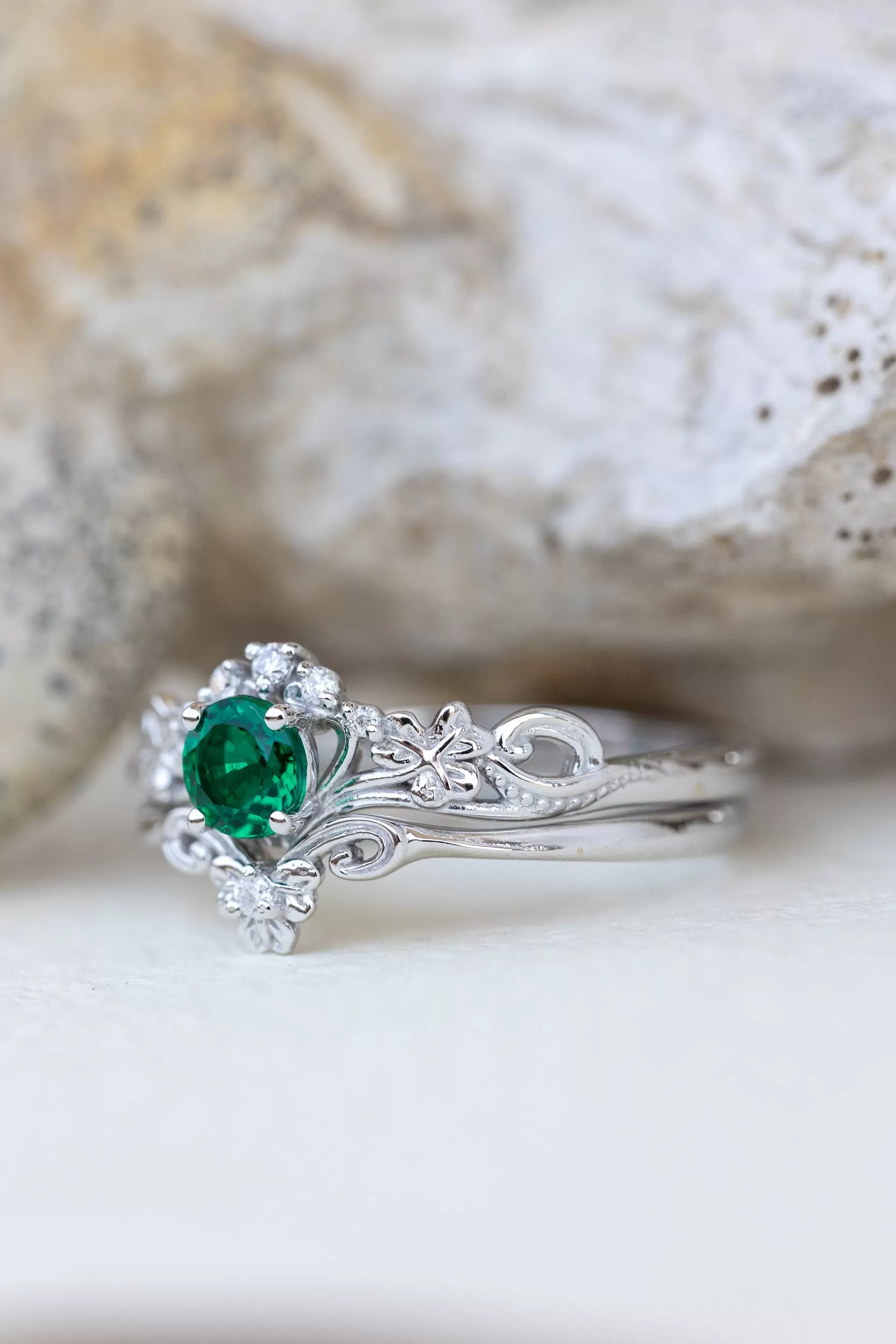 Lab created emerald engagement ring, celtic proposal ring with diamonds / Horta