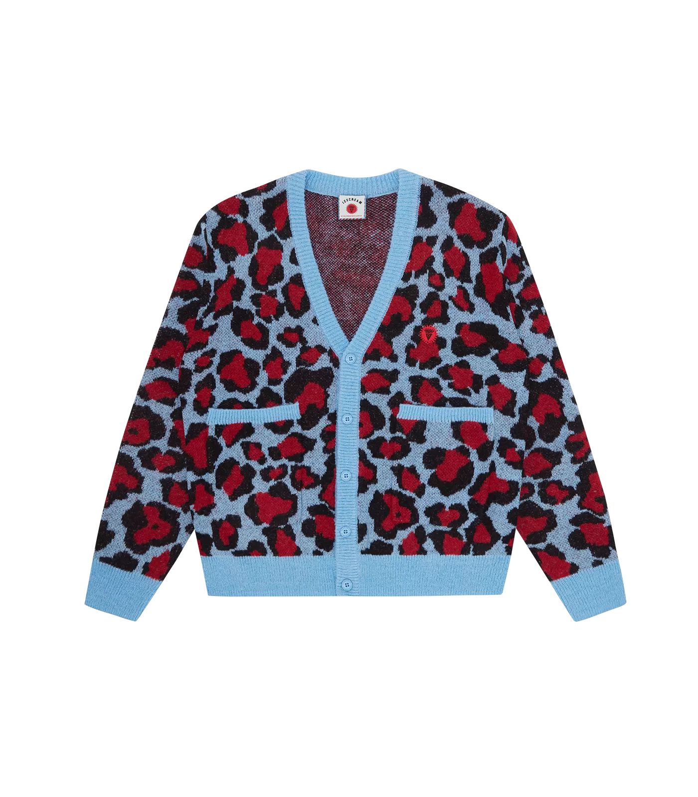 LEOPARD PRINT KNITTED CARDIGAN - RED/BLUE