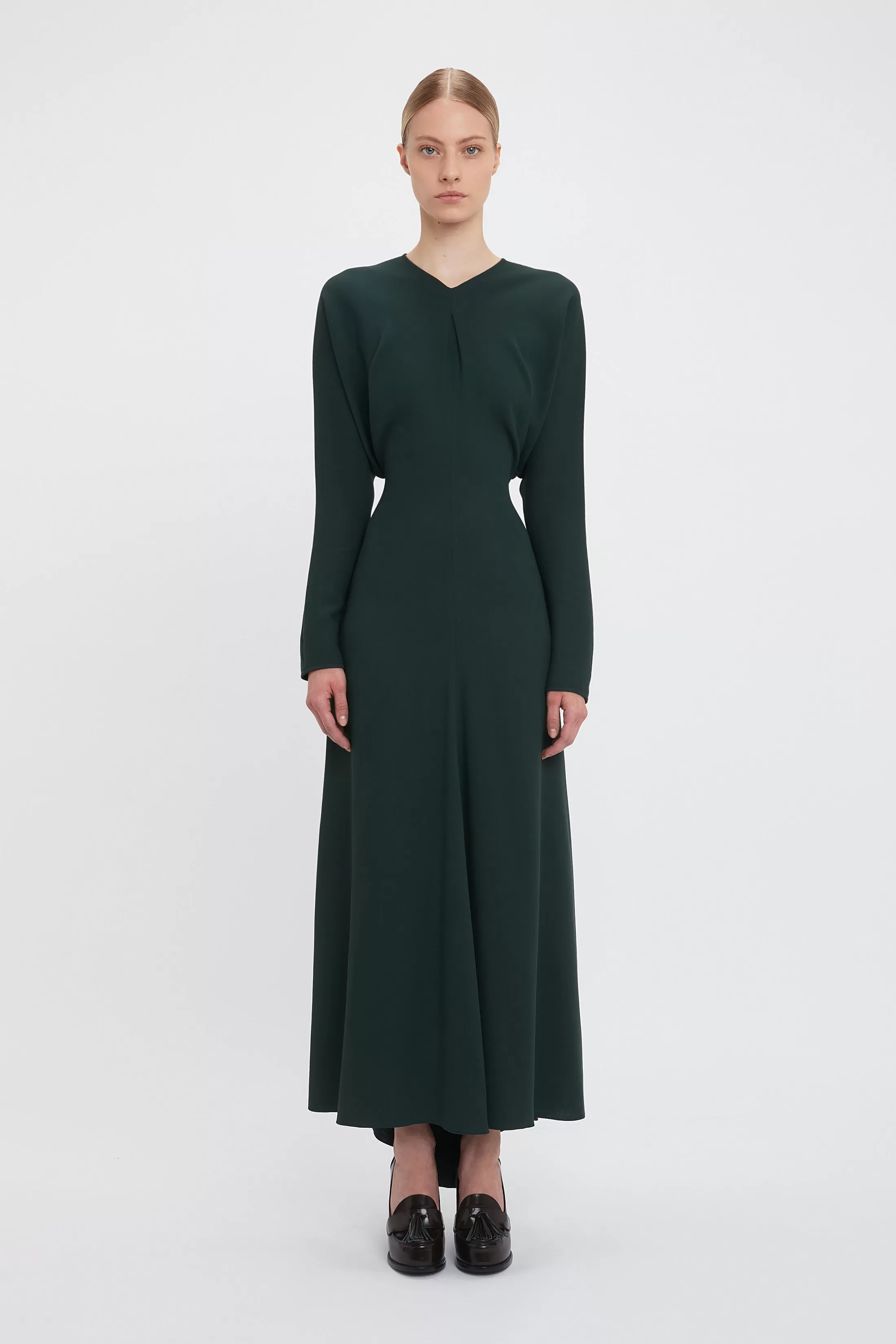 Long Sleeve Draped Midi Dress In Seaweed