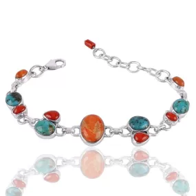 Lovely Real Arizona Turquoise, Coral Gemstone Sterling Silver Birthstone Bracelet