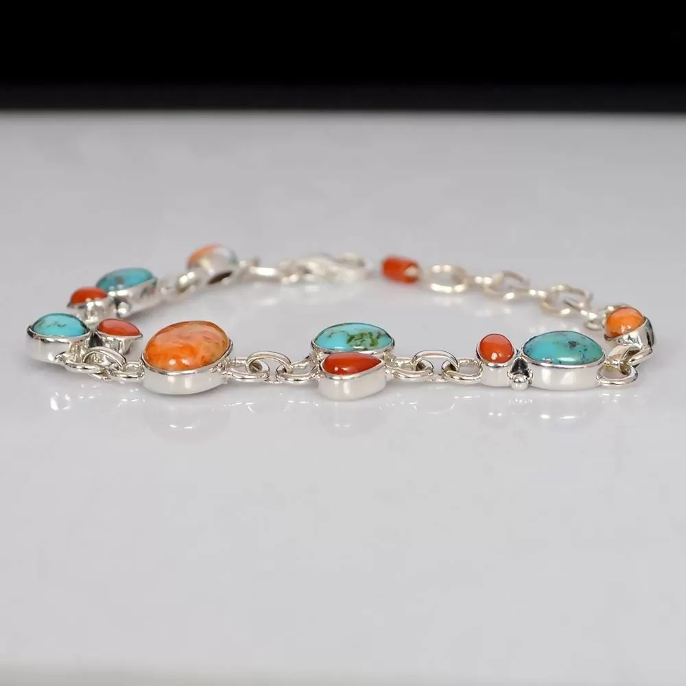 Lovely Real Arizona Turquoise, Coral Gemstone Sterling Silver Birthstone Bracelet