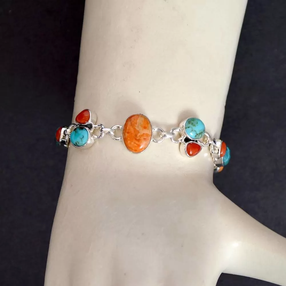 Lovely Real Arizona Turquoise, Coral Gemstone Sterling Silver Birthstone Bracelet