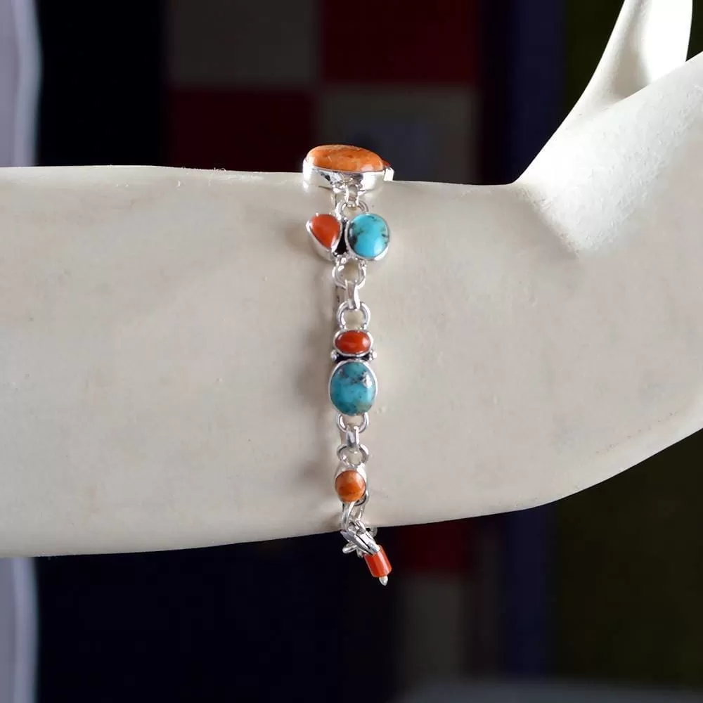 Lovely Real Arizona Turquoise, Coral Gemstone Sterling Silver Birthstone Bracelet