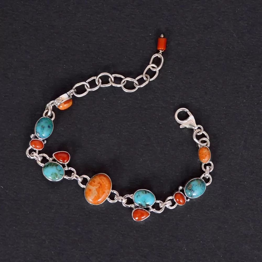 Lovely Real Arizona Turquoise, Coral Gemstone Sterling Silver Birthstone Bracelet