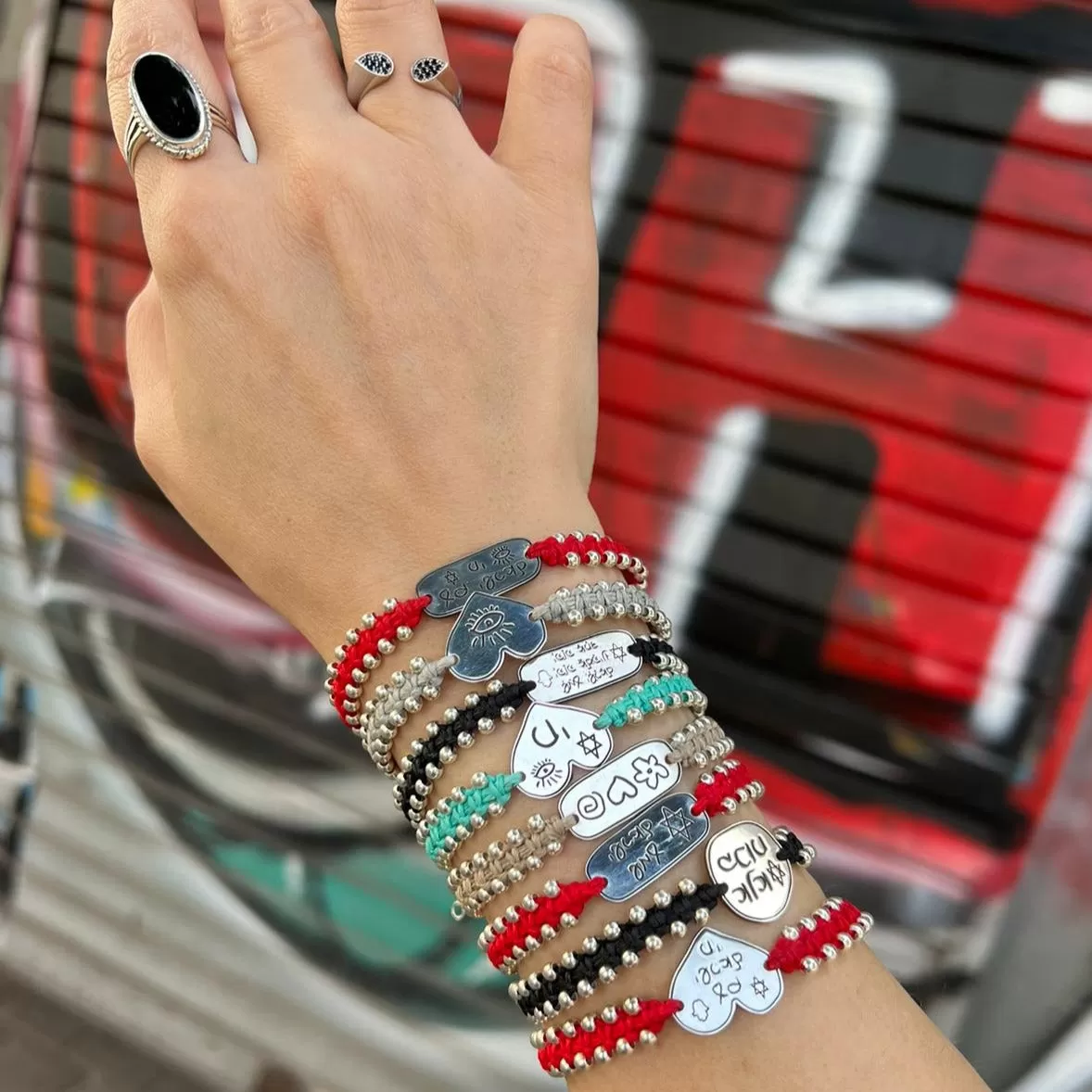 Macrame and silver bracelet with silver tags with blessings, names, words and messages.