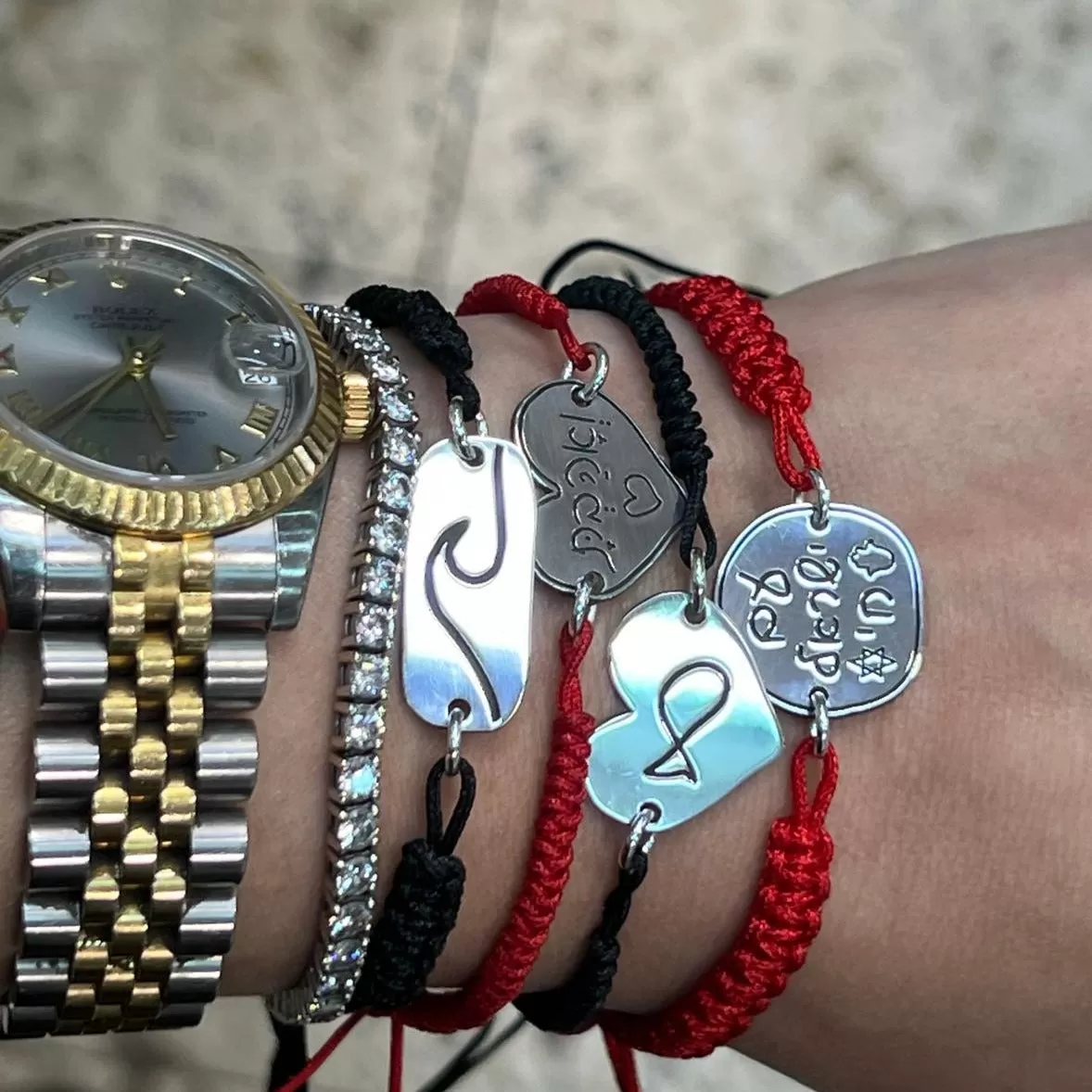 Macrame and silver bracelet with silver tags with blessings, names, words and messages.