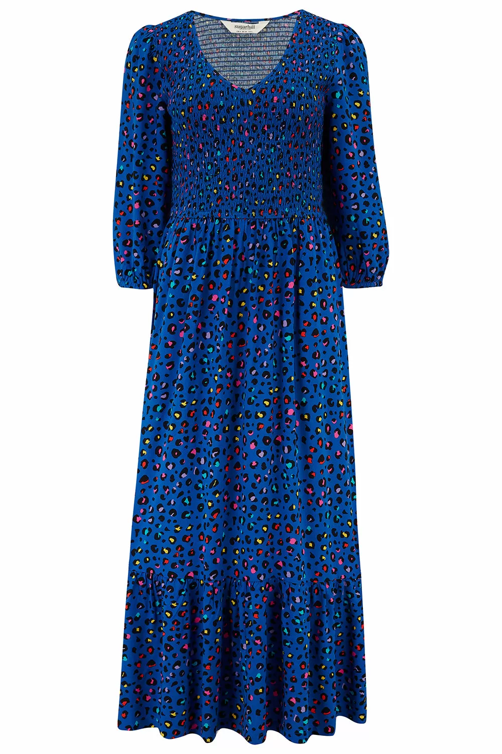 Magdalene Midi Shirred Dress - Light Navy, Rainbow Leopard