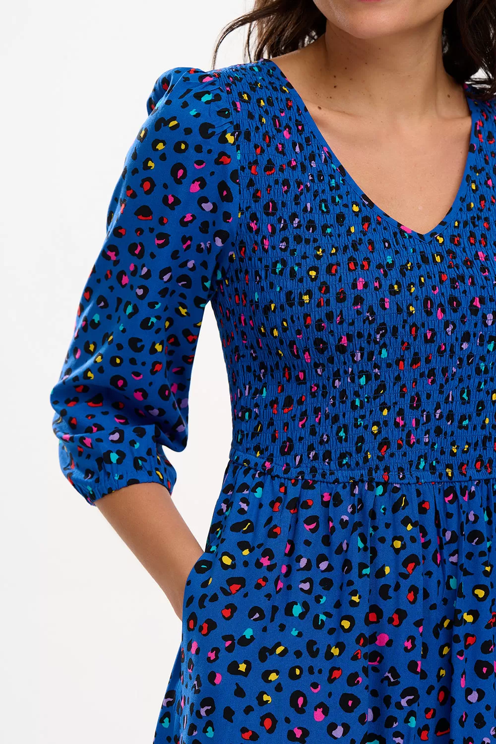 Magdalene Midi Shirred Dress - Light Navy, Rainbow Leopard