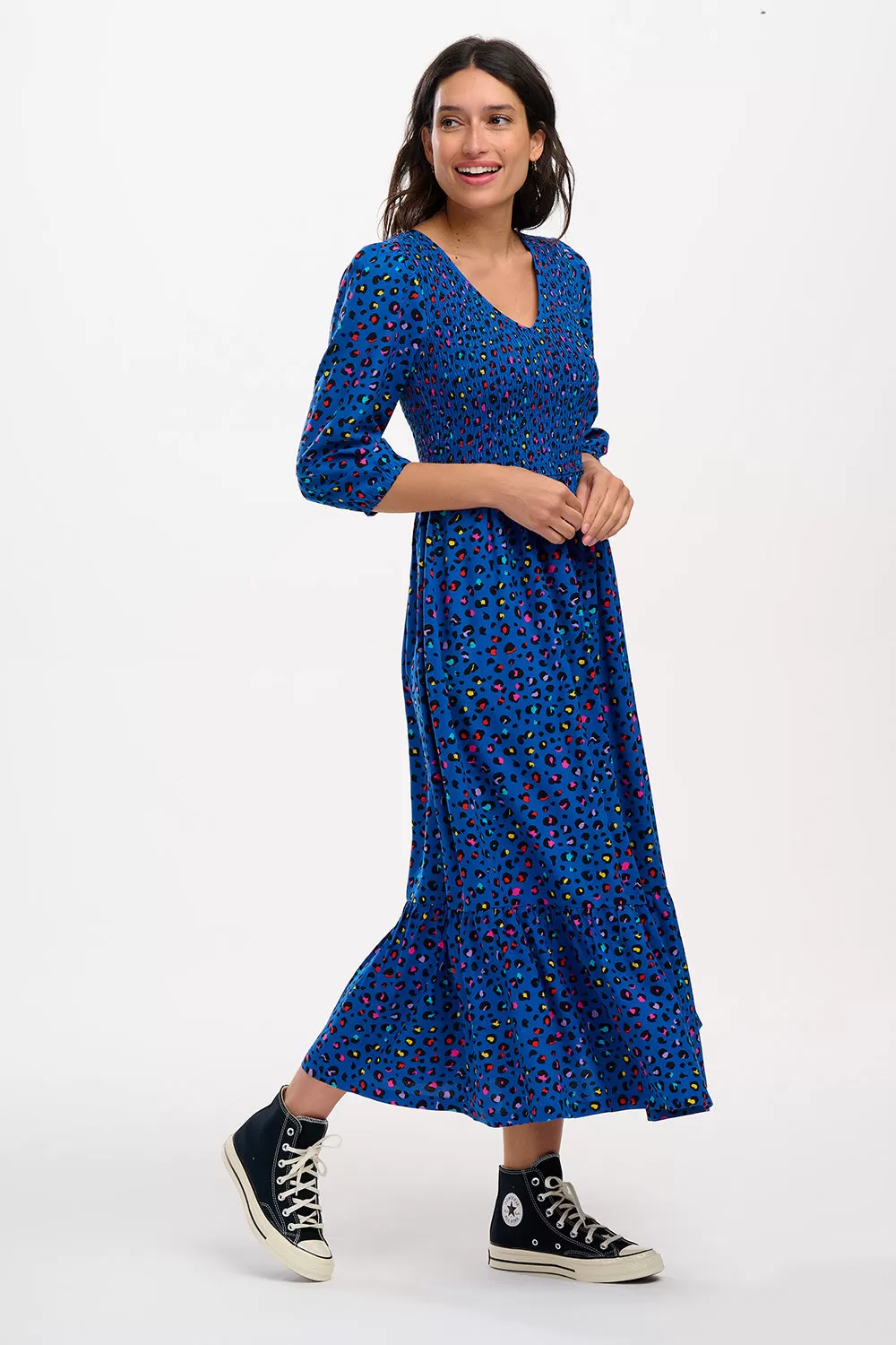 Magdalene Midi Shirred Dress - Light Navy, Rainbow Leopard