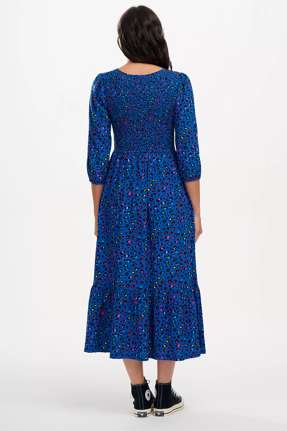 Magdalene Midi Shirred Dress - Light Navy, Rainbow Leopard