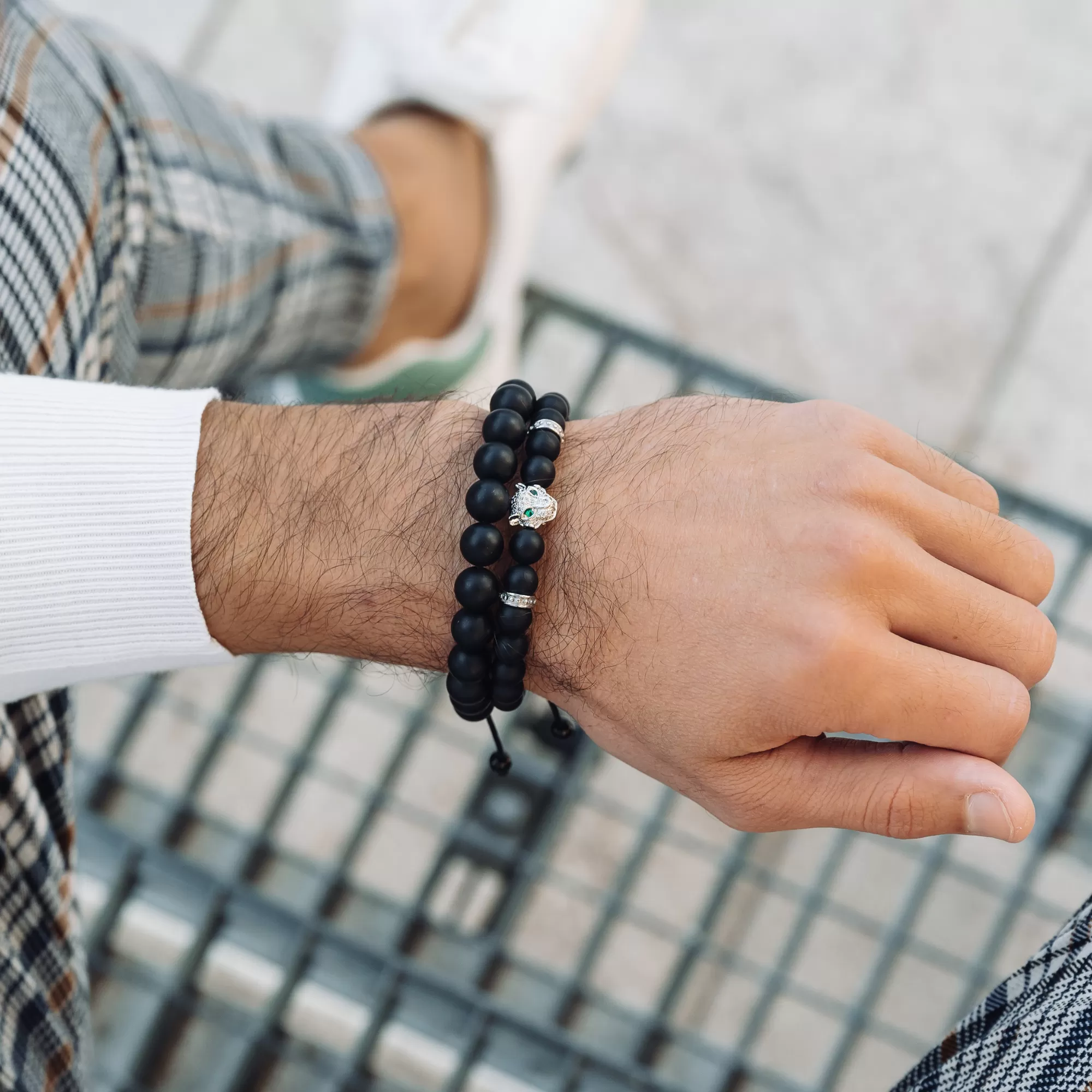 Men's BLACK ONYX Bracelet With Silver LEOPARD Head - One Size Fits All