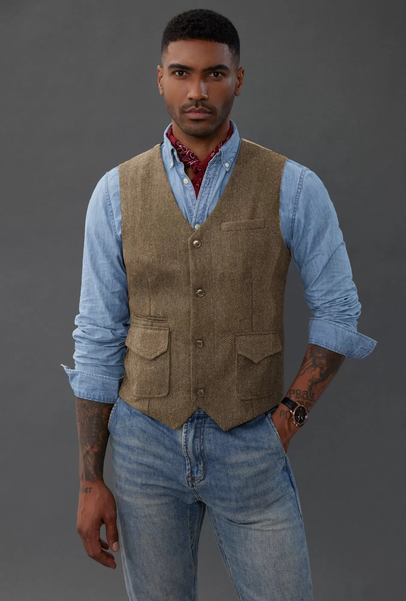 Men's British Herringbone Tweed Vest Casual Wool Blend Waistcoat with Pockets