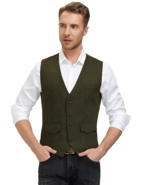 Men's British Herringbone Tweed Vest Casual Wool Blend Waistcoat with Pockets