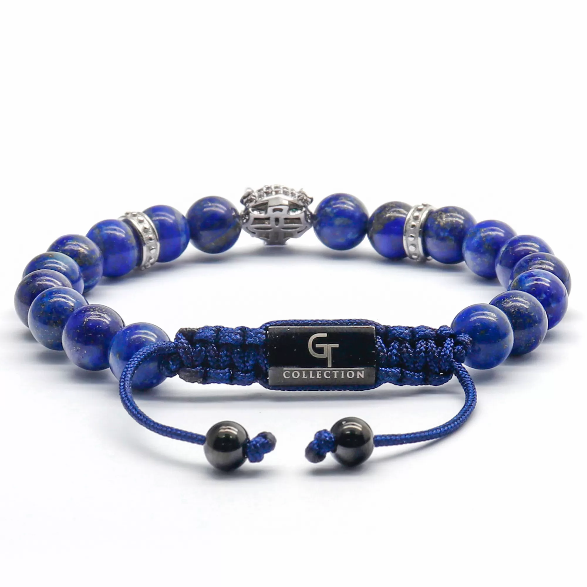 Men's LAPIS LAZULI Bracelet With Silver LEOPARD Head - One Size Fits All