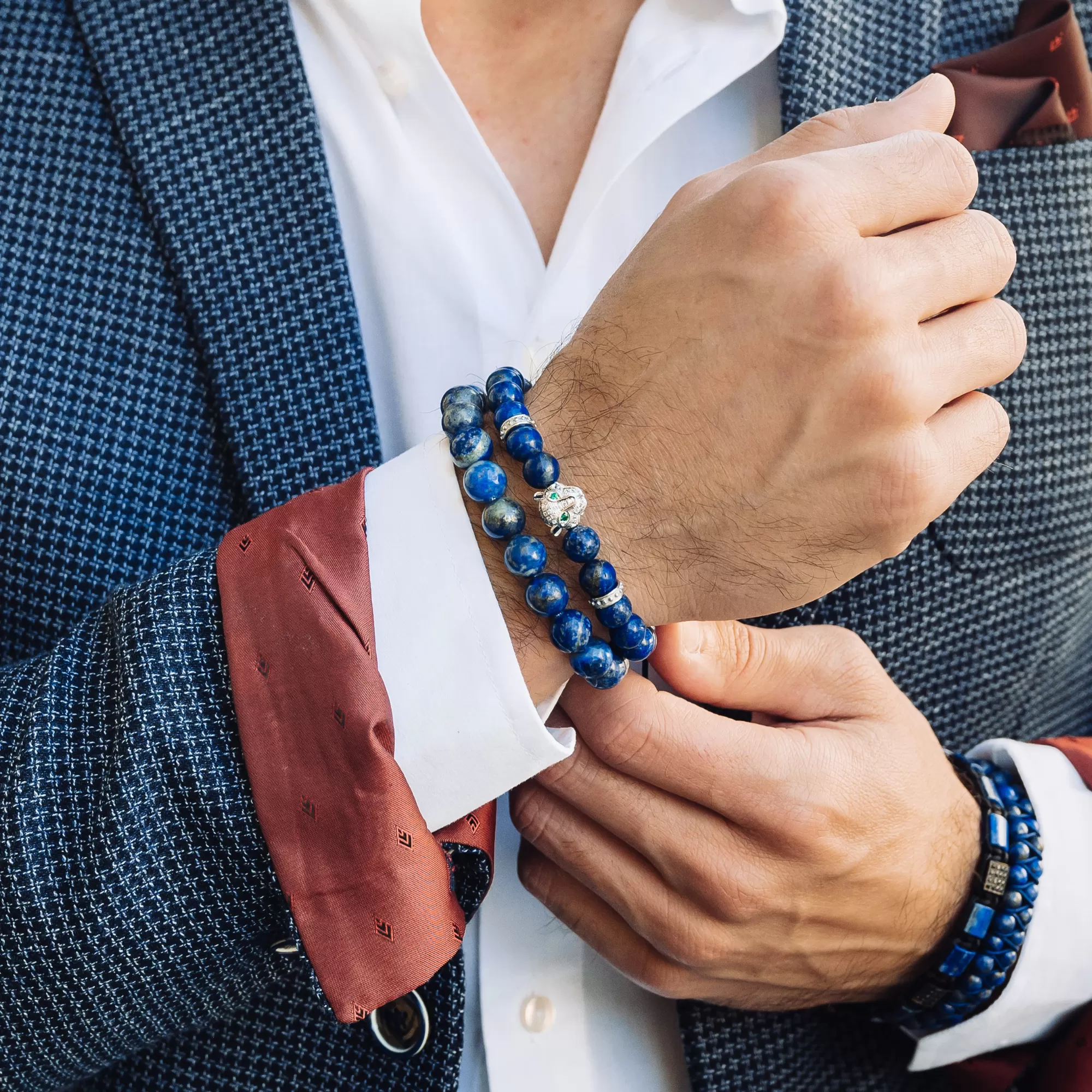 Men's LAPIS LAZULI Bracelet With Silver LEOPARD Head - One Size Fits All