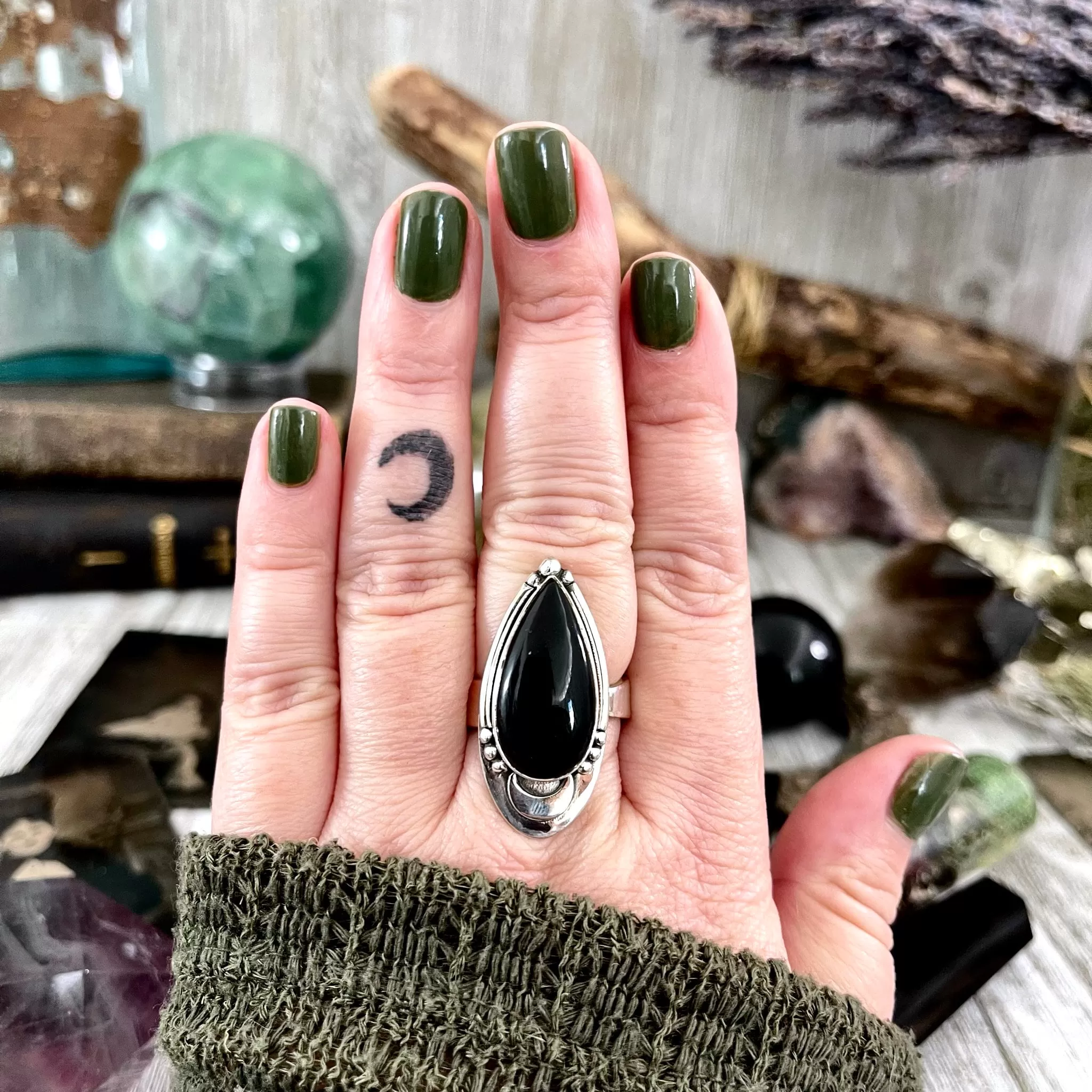 Midnight Moon Crystal Ring Black Obsidian in Sterling Silver / Designed by FOXLARK Adjustable to Size 6 7 8 9 Gemstone Jewelry Goth Ring