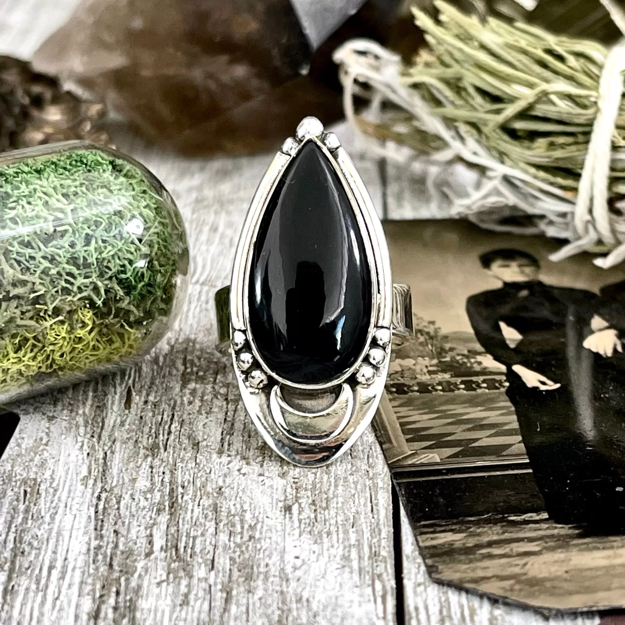 Midnight Moon Crystal Ring Black Obsidian in Sterling Silver / Designed by FOXLARK Adjustable to Size 6 7 8 9 Gemstone Jewelry Goth Ring