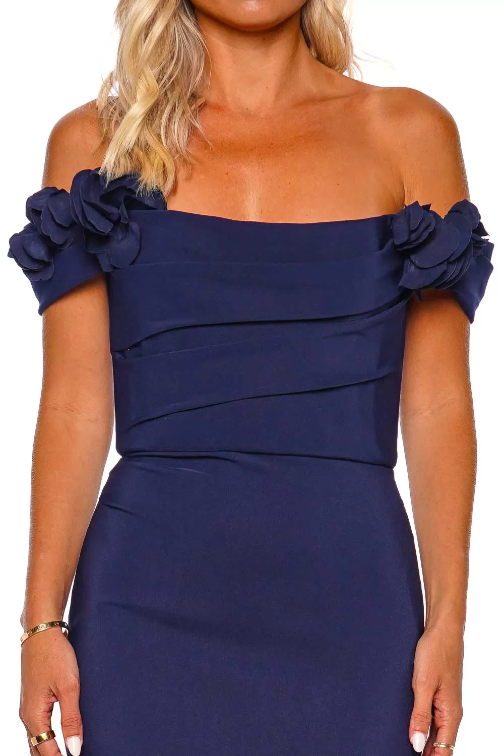 Navy Off Shoulder Stretch Crepe Gown