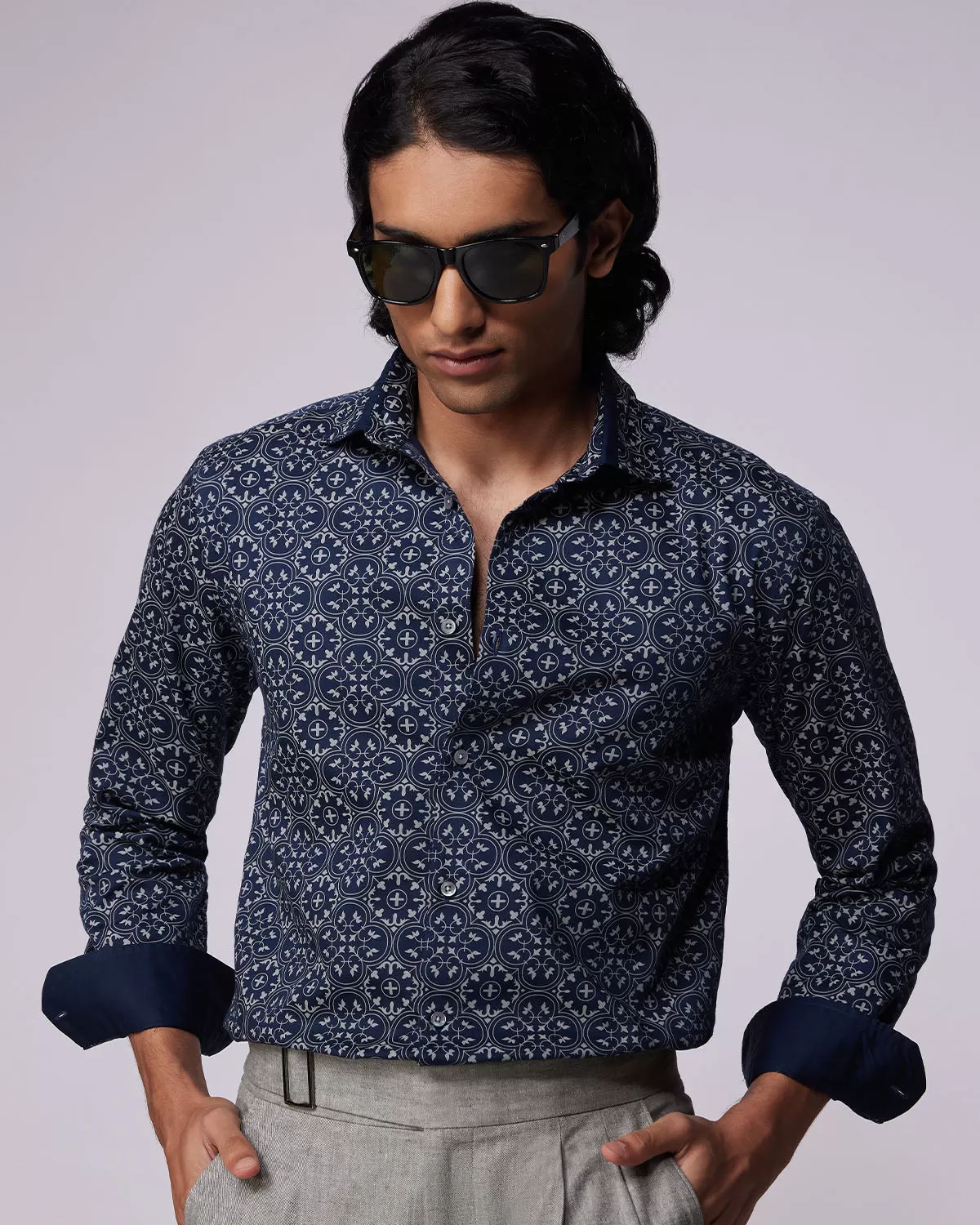 Navy Tile Printed Shirt