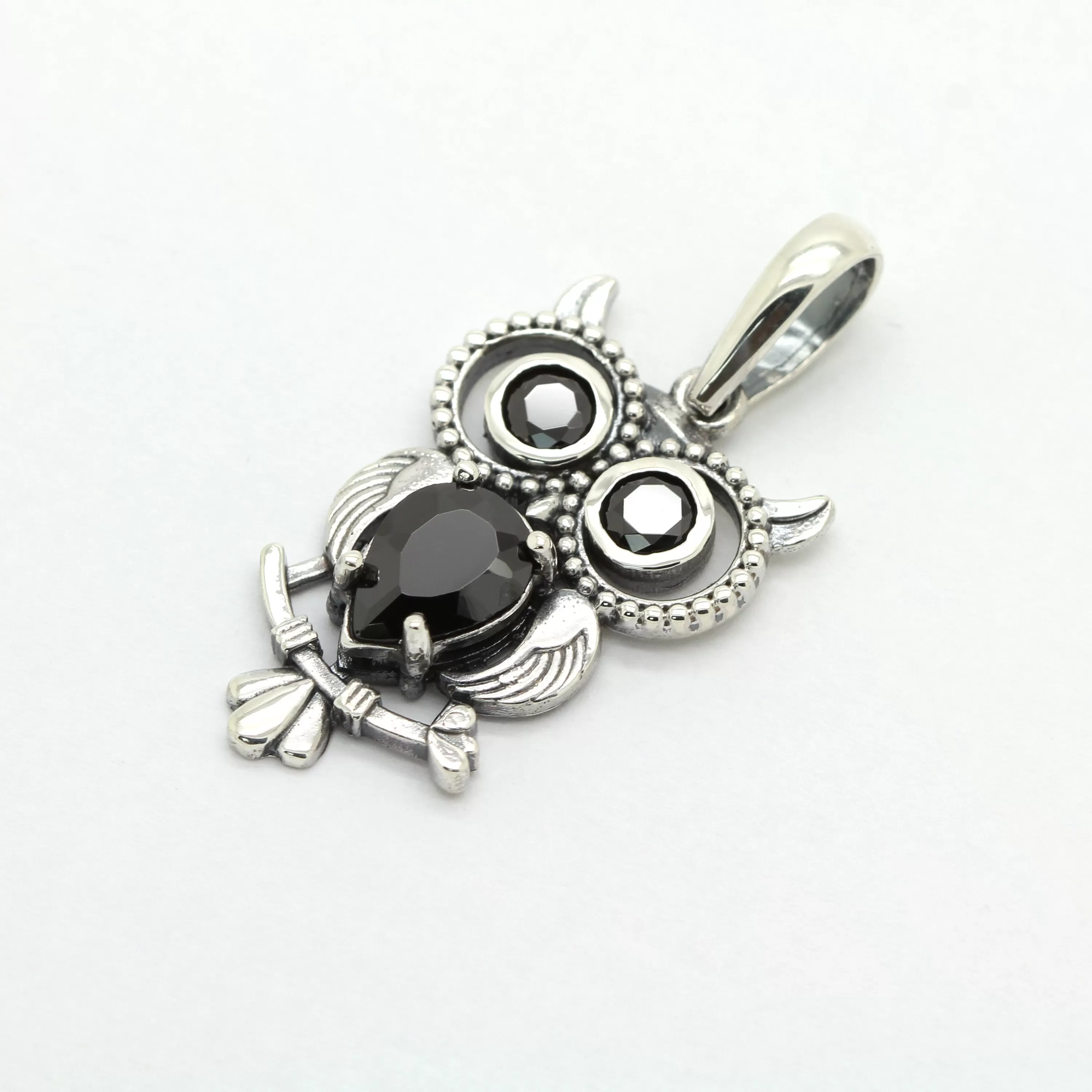 Owl Pendant Black Zircons Silver 925