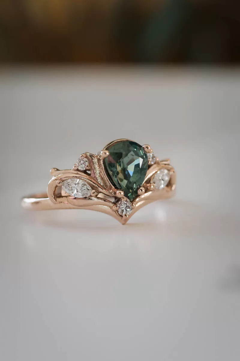 Pear cut green sapphire engagement ring with diamonds or moissanites / Swanlake