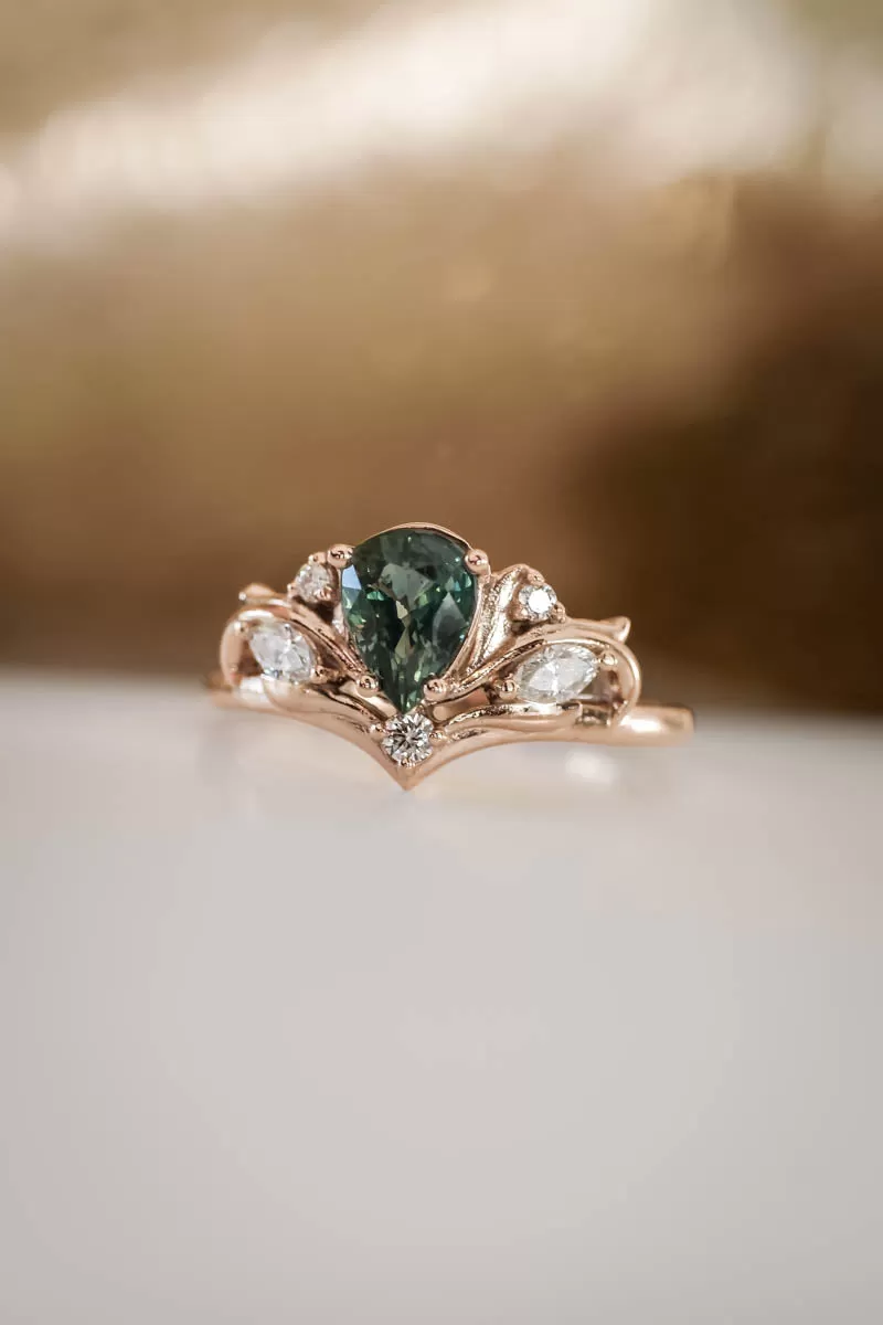 Pear cut green sapphire engagement ring with diamonds or moissanites / Swanlake