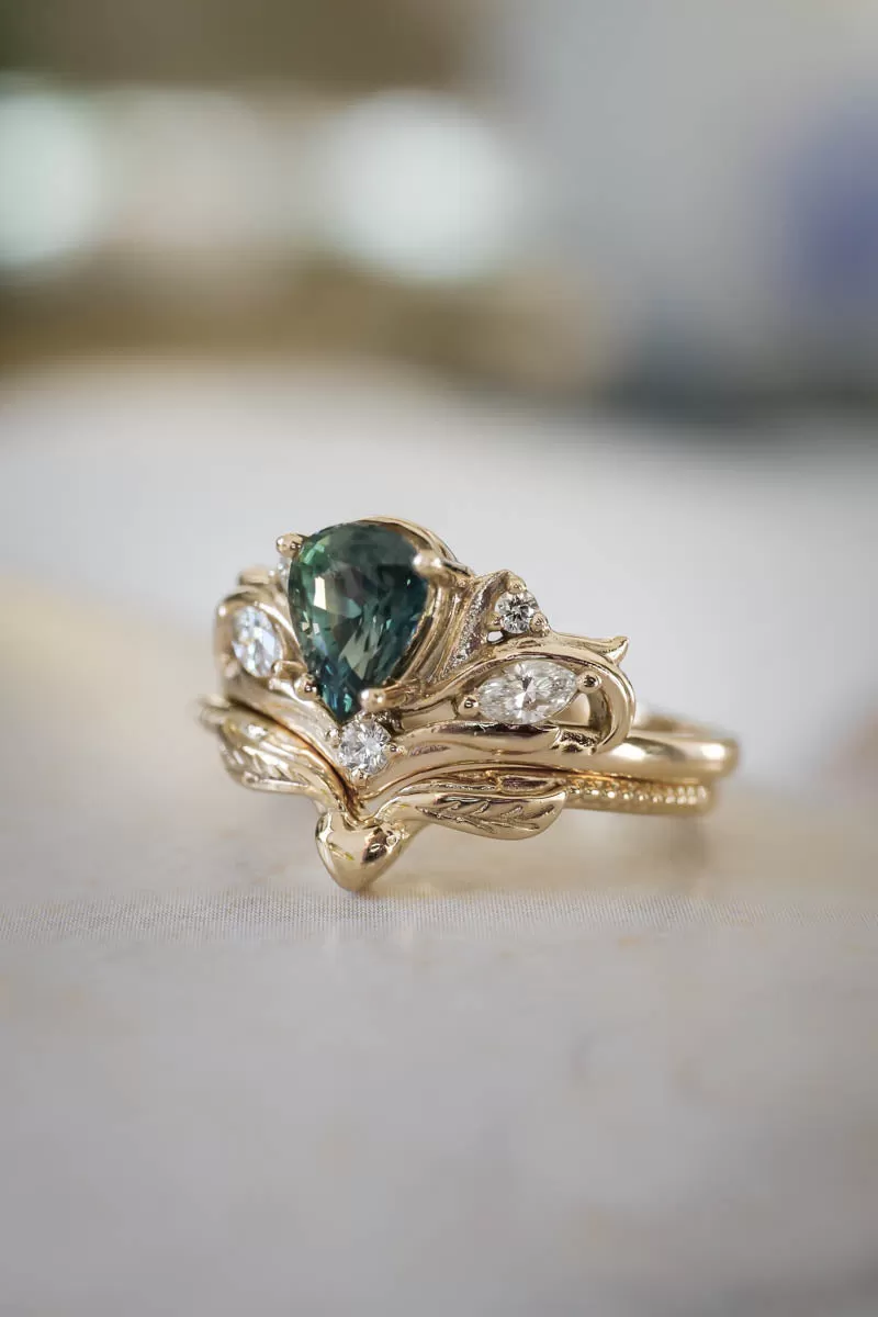 Pear cut green sapphire engagement ring with diamonds or moissanites / Swanlake