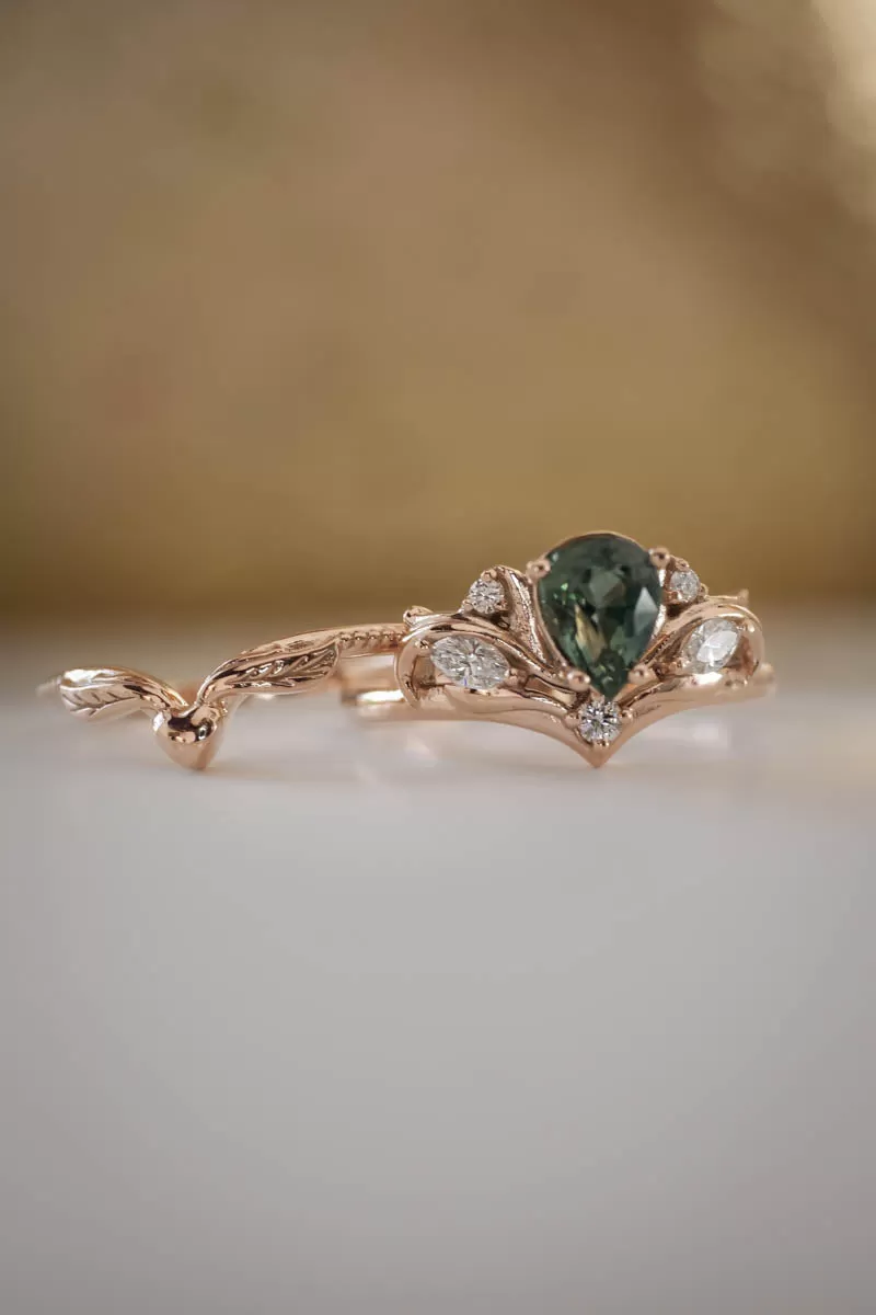 Pear cut green sapphire engagement ring with diamonds or moissanites / Swanlake