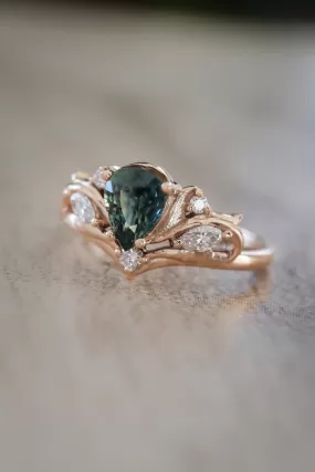 Pear cut green sapphire engagement ring with diamonds or moissanites / Swanlake