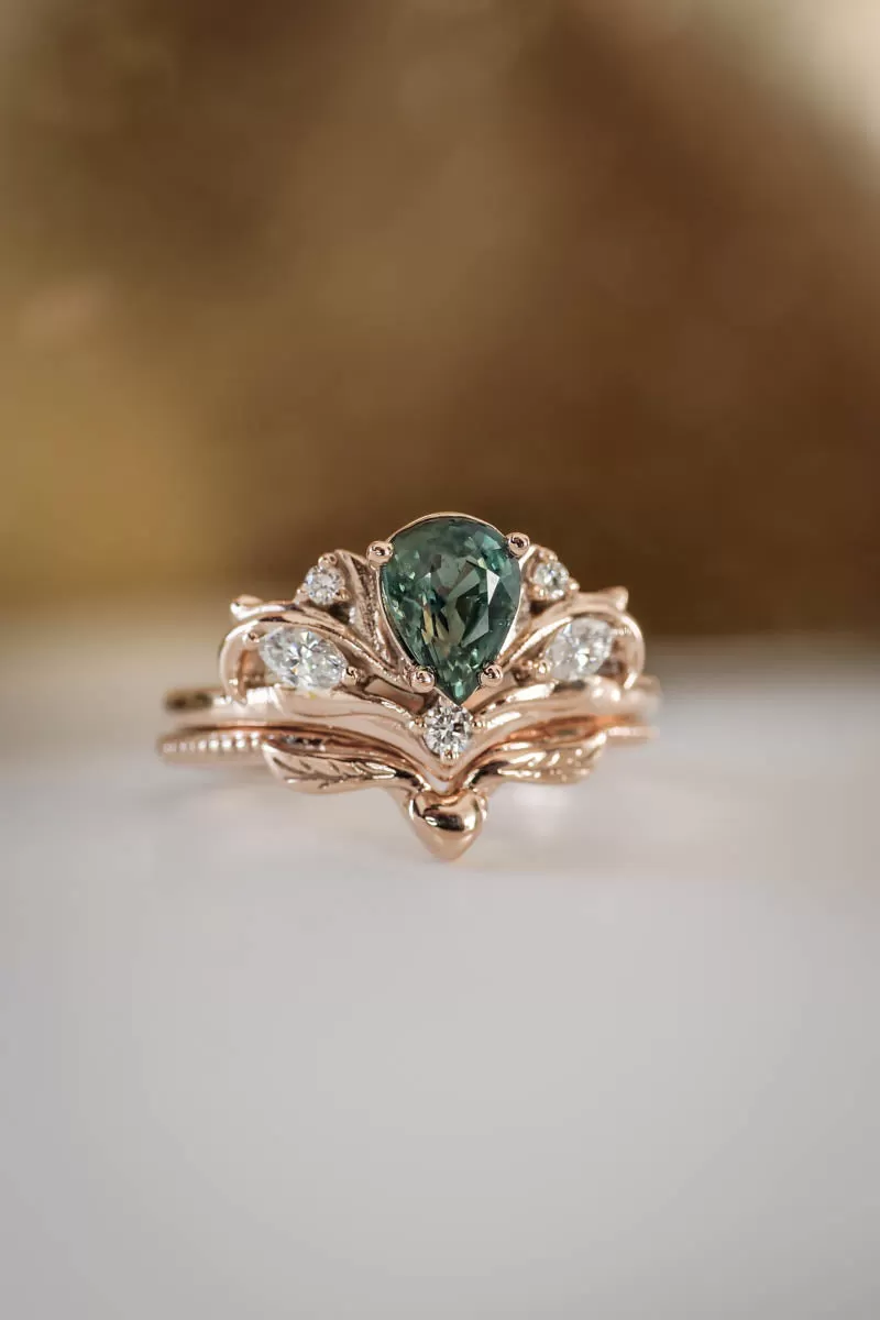 Pear cut green sapphire engagement ring with diamonds or moissanites / Swanlake