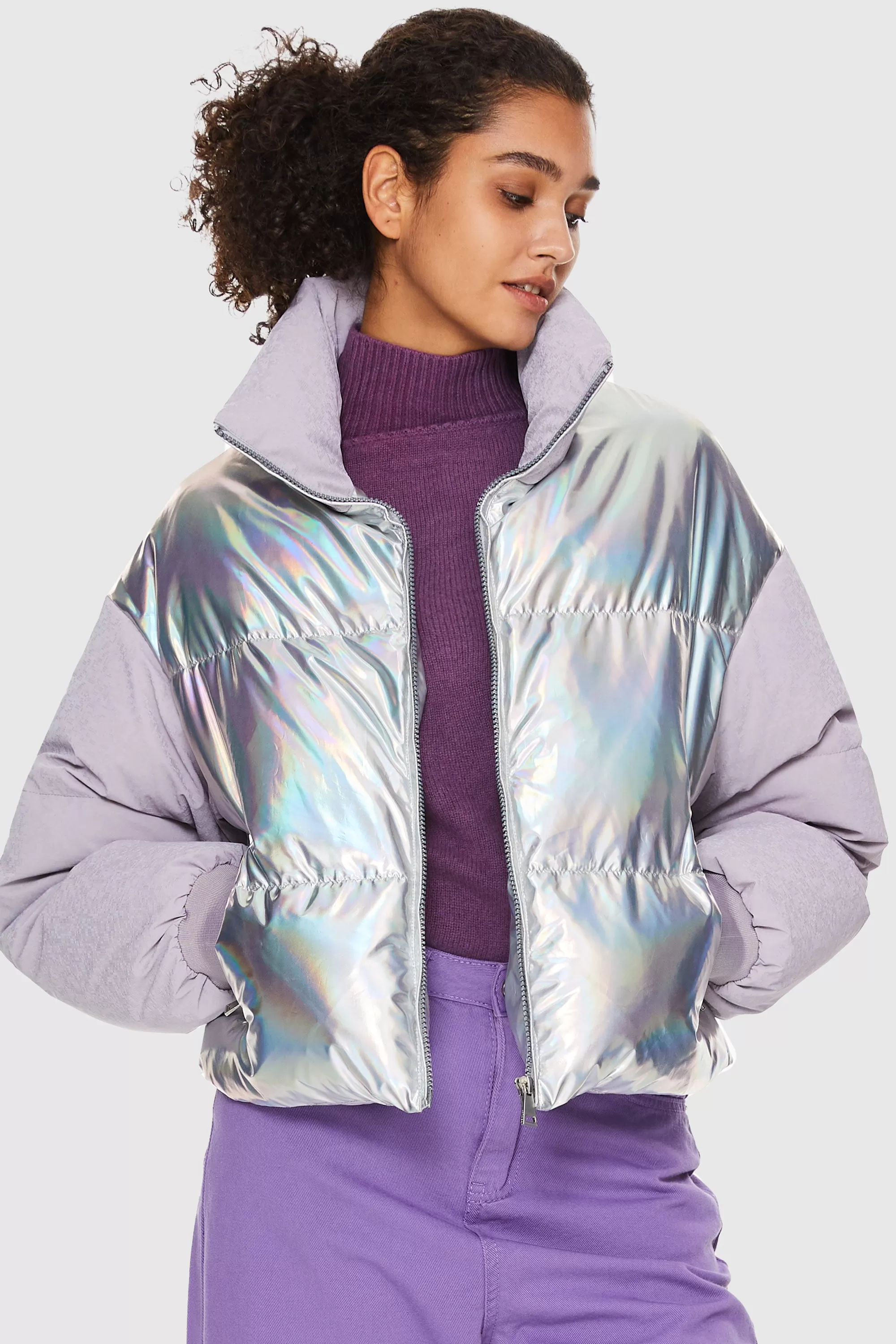 Puff-O Colorlay Lightweight Short Metallic Puffer Jacket - Sky Blue