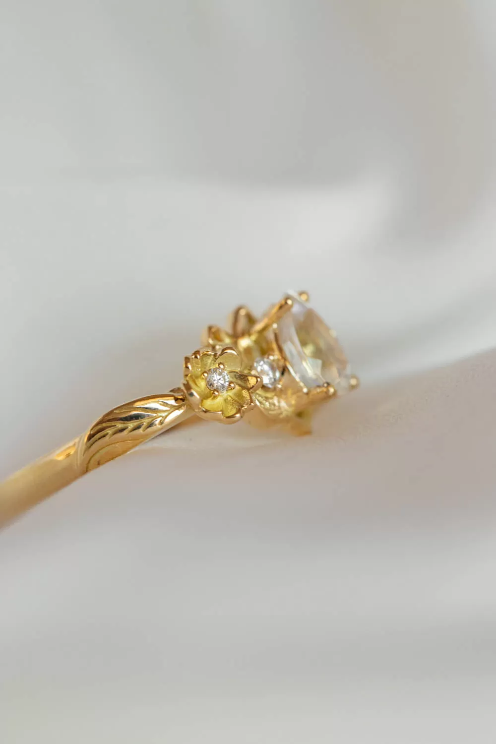 Rainbow moonstone and diamonds engagement ring, leaf and flower gold ring / Adelina