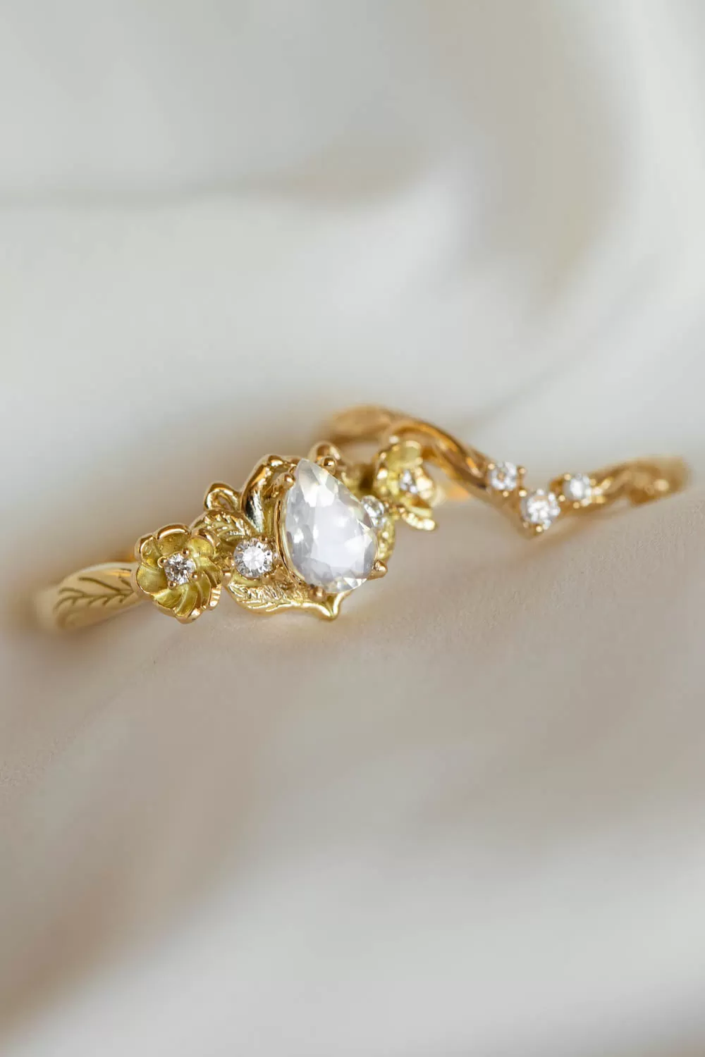 Rainbow moonstone and diamonds engagement ring, leaf and flower gold ring / Adelina