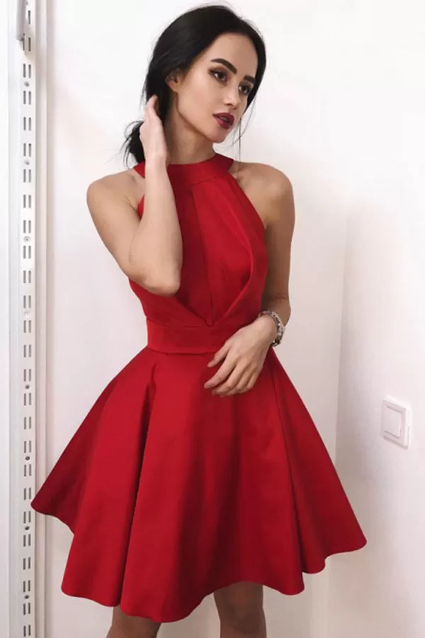 Red Halter Sleeveless A Line Short Prom Dresses Homecoming Dresses