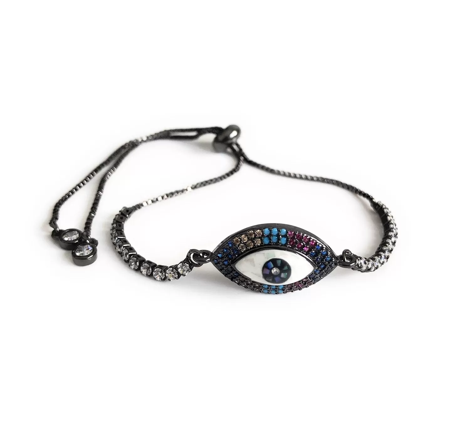 Rhinestone Black Bracelet, Evil Eye Bolo Bracelet