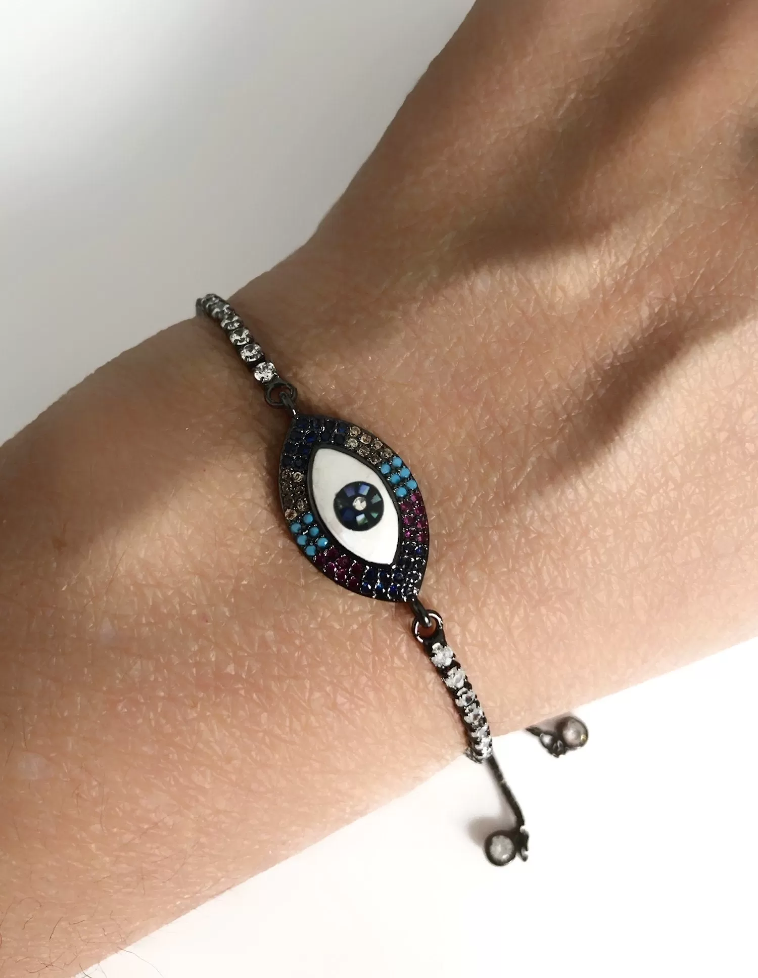 Rhinestone Black Bracelet, Evil Eye Bolo Bracelet